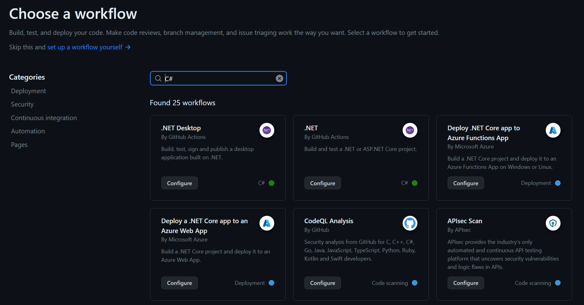 Image showing the results of searching for "C#" on the GitHub Starter Actions page. Workflows such as .NET Desktop, .NET and Deploy .NET Core App to Azure Functions are visible.