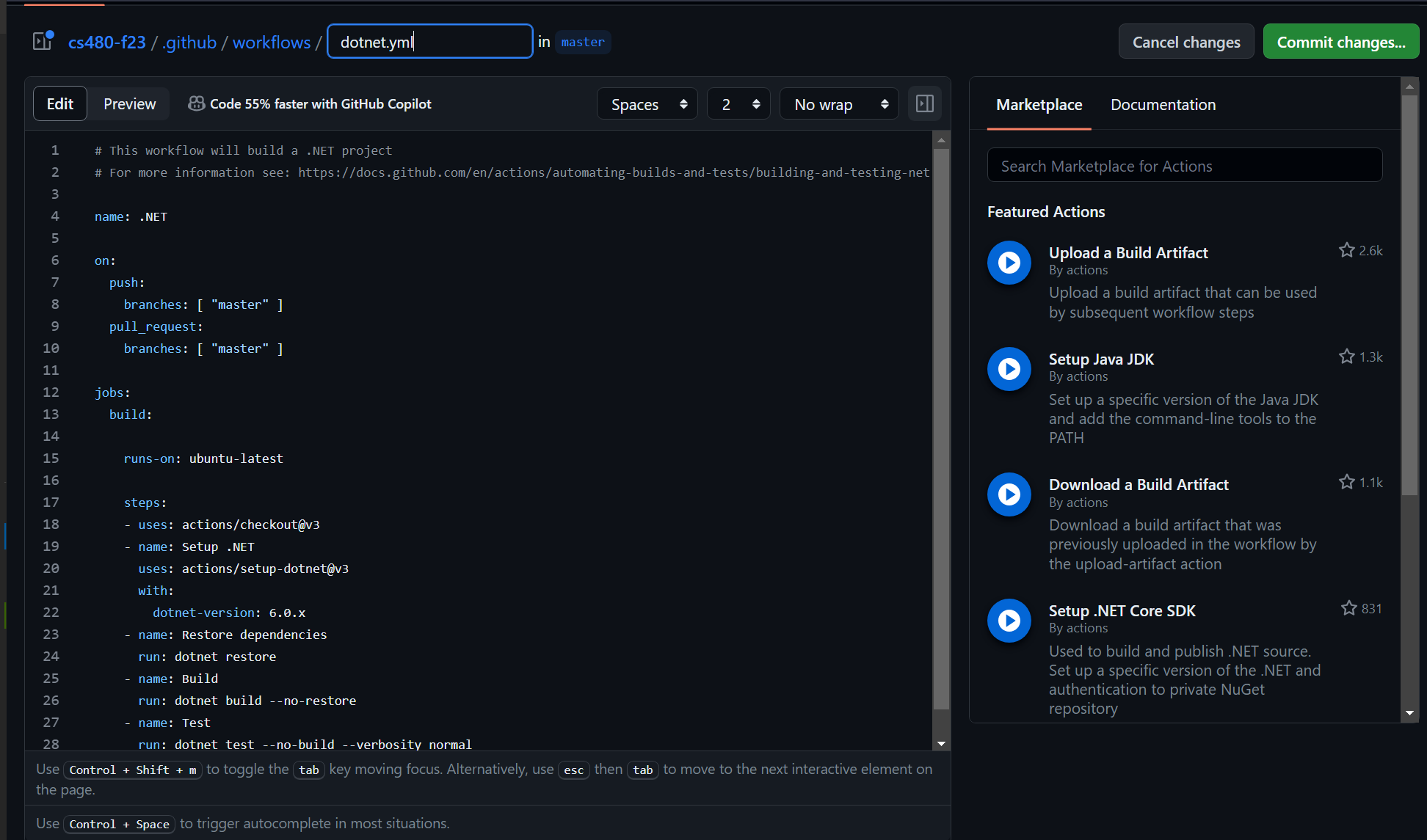 GitHub Editor showing the default Starter Actions template for building a .NET application